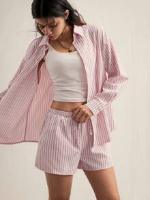 Easelle 2pcs Loose Drop Shoulder Long Sleeve Front Button Pink Striped Woven Women Set Summer Valentine's Day Beach  Outfit For Women Vacation - Pink - View 6