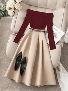Franclia Women's Elegant Off-Shoulder Long Sleeve Top And A-Line Skirt Set - Burgundy - View 1