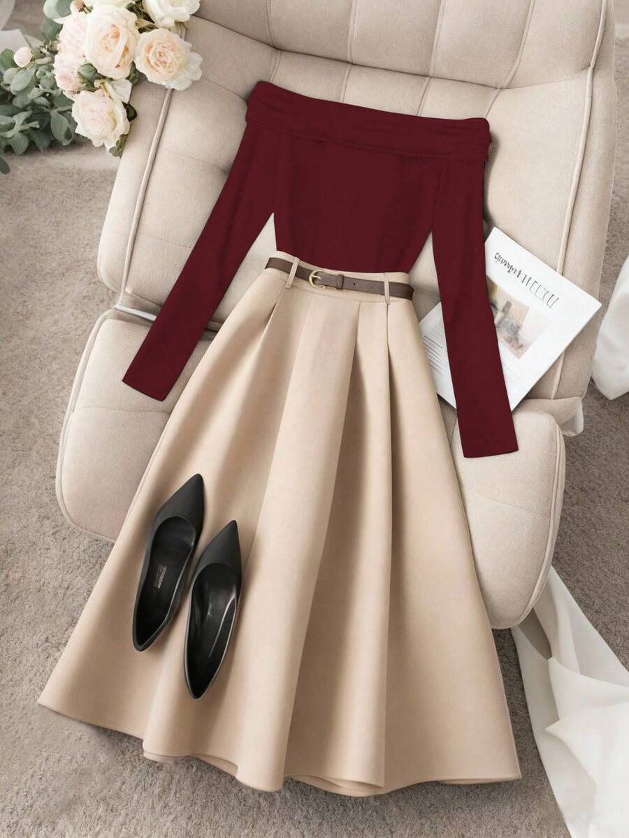Franclia Women's Elegant Off-Shoulder Long Sleeve Top And A-Line Skirt Set - Burgundy - View 1