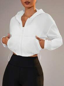 Dewbera Chaqueta con capucha con cremallera y dobladillo con cordón para protección solar - Blanco y Negro - Ver 4