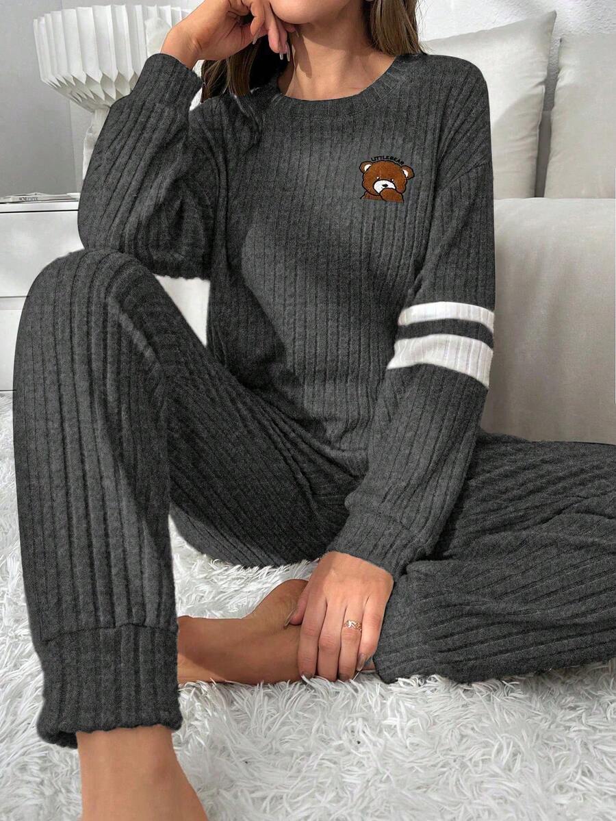 女士卡通熊字母刺绣撞色条纹宽松落肩长袖上衣和抽绳长裤睡衣套装，春秋季针织家居服套装长袖家居服套装女士家居服套装 - 淺灰色 - 查看 1