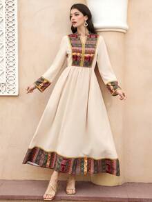 Al Najma Women's Notched Collar Belted Elegant Long Sleeve Turkish Maxi Dress, Arabic Abaya Maxi Dresses For Women Turkish Dress - Multicolor - View 5