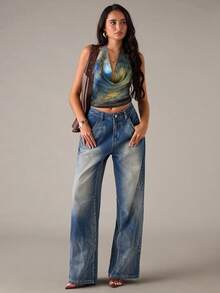 SHEIN BAE Women's Tie-Dye Print Draped Neck Backless Top - Blue - View 6