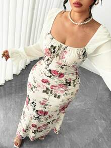 Elenzga 大码新款女式方领蝴蝶结雪纺泡泡袖设计长款连衣裙，适合约会、派对、日常穿着，收腰设计，修身显瘦，优雅青春，长款连衣裙，适合春、夏、秋季穿着。荷叶边鱼尾裙两件套连衣裙，优雅碎花连衣裙，女式牛仔连衣裙，优雅连衣裙，女式度假套装，优雅女装，女装连衣裙，女式正装 - 杏色 - 查看 2