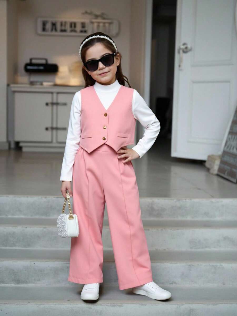 SHEIN Elladie kids 3件套女童春秋季派对套装，包括无袖背心、阔腿裤、长袖高领上衣，时尚休闲户外装，粉色无袖纽扣背心，舒适针织高领上衣，阔腿裤，时尚欧美风少女服装套装，粉色商务套装，春秋季女童裤装套装 - 粉色 - 查看 1