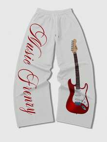 ROMWE MEN Street Life 男士弹力腰带抽绳休闲宽松时尚天使印花运动裤 - 白色 - 查看 5