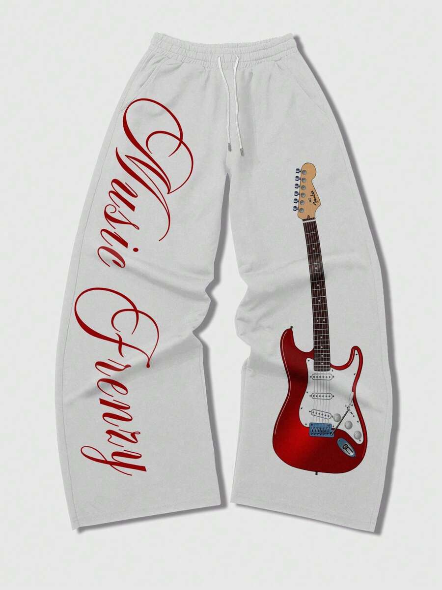 ROMWE MEN Street Life 男士弹力腰带抽绳休闲宽松时尚天使印花运动裤 - 白色 - 查看 1