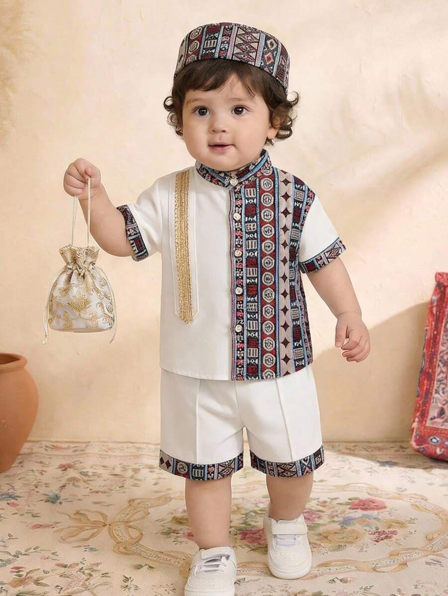 SHEIN 2pcs/Set Baby Boy White Summer Modest Party Wedding Guest Al-Adha Gold Ribbon Geometric Pattern Short Sleeve Shirt & Shorts Arab Dress Party Wear - Multicolor - View 1