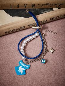 HARRY POTTER X SHEIN Zinc Alloy Cartoon Animal Print Pendant, Faux Pearl Chain Link, Adjustable Braided Bracelet Set, Minimalist Luxury, Fashionable And Suitable For Parties, Concerts, Festivals - Platinum - View 3