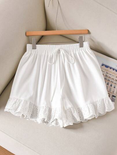 CosyJoli Plus Size Women's Casual Everyday Commute Simple Solid Color Drawstring Waist Contrast Schiffy Ruffle Hem Shorts