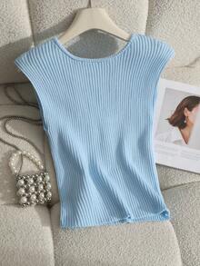Lyxana Women's Pearl Decor Round Neck Solid Color Fitted Knit Top, Spring/Summer - Blue - View 2