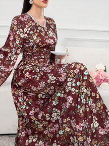 Al Najma Women's Elegant Floral Print Contrast Mesh Dress, Autumn - Burgundy - View 2