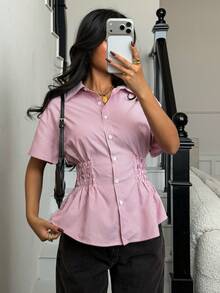 Siren Gaze 女士时尚条纹印花收腰衬衫，夏季 - 粉色 - 查看 1