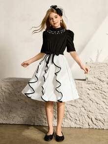 Girls' Elegant Bubble Short Sleeve Dress, Summer - Black - View 3