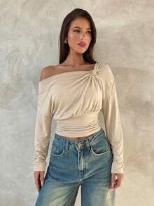 Aloruh Women's Solid Color Asymmetric Neck Ruched Drop Shoulder Long Sleeve Fashion T-Shirt - Apricot - View 5