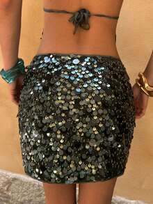 SHEIN BAE Women's Dark Green Beaded Sequin Skirt,Autumn Y2k Party Low-Waist Textured Mini Skirt For Resort Beach Music Festivals Vacations & Everyday Wear - Green - View 7