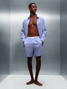 PLAYBOY X SUMWON Pinstripe Waistband Logo Regular Fit Casual Elasticated Summer Lightweight Cotton Blend Bermuda Casual Walking - Blue and White - View 7