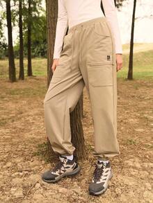 SHEIN In My Nature 女士休闲抽绳腰带慢跑裤 - 卡其色 - 查看 6