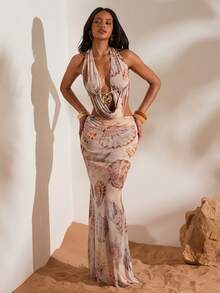 Opulessa 女士贝壳印花深V领镂空修身性感时尚连衣裙 - 卡其色 - 查看 3