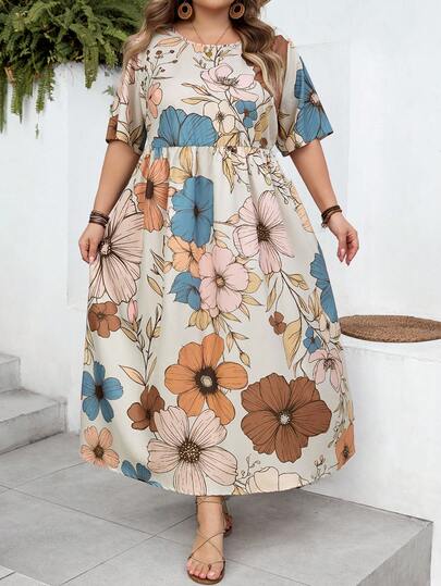 SHEIN CURVE+ Plus Size Summer Vacation Dress, Chrysanthemum, Color Block