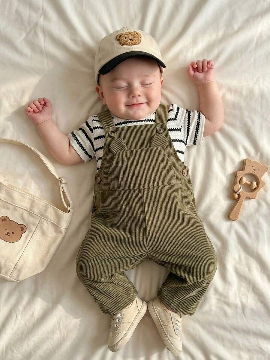Set de 2 piezas para niños pequeños: Camiseta de manga corta de cuello redondo a rayas y pantalón peto de pana ajustable con oso, adecuado para ir y venir, la escuela, vacaciones, deportes, primavera/otoño, 6M-3T, ropa para niños, ropa para bebés, ropa para niños pequeños, camiseta para niños pequeños, peto para niños pequeños - Verde Oscuro - Ver 1