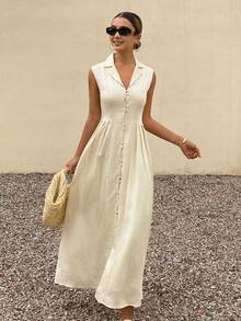 Livesso 女士翻领无袖条纹中长连衣裙 - 杏色 - 查看 4