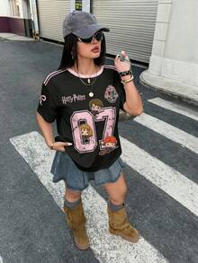 HARRY POTTER X SHEIN Plus Size Summer Casual Numeric & Cartoon Graphic Round Neck Short Sleeve T-Shirt - White - View 5