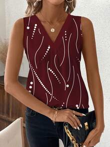 SHEIN Clasi Áo tank top không tay cổ chữ V in họa tiết tương phản dành cho nữ - Màu Đỏ Sâu - Xem 5