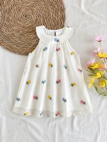 SHEIN Vintaside Kids 女婴无袖刺绣花卉连衣裙，甜美风格，优雅公主造型，适合节日和聚会 - 白色 - 查看 6