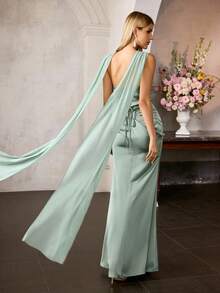 MOTF PREMIUM VESTIDO DE FIESTA DE SATÉN CON CAPA SIN TIRANTES, LARGO HASTA EL SUELO, CON ADORNOS DE RHINESTONE, PARA EVENTOS FORMALES Y GALAS DE OTOÑO/INVIERNO - Verde - Ver 2