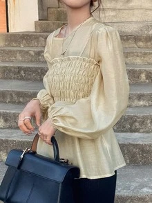 FRIFUL Women's Blouse & Camisole Set, Loose Lantern Sleeve, Vacation Style - Green - View 4