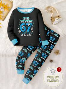 1 Set Boys Glow-In-The-Dark Cartoon Number 6 & 7 Print Long Sleeve Snug Fit Pajama Set, Spring/Autumn/All Season Snug Fit - Black - View 4
