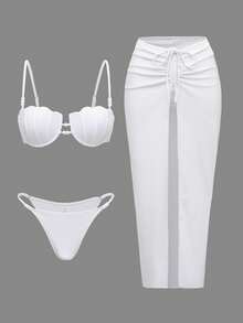 Swim Oasis 3pcs/Set Summer Vacation Sexy Pearl Shell Bikini Set With Spaghetti Straps & Front/Middle Slit Drawstring Maxi Dress - White - View 1