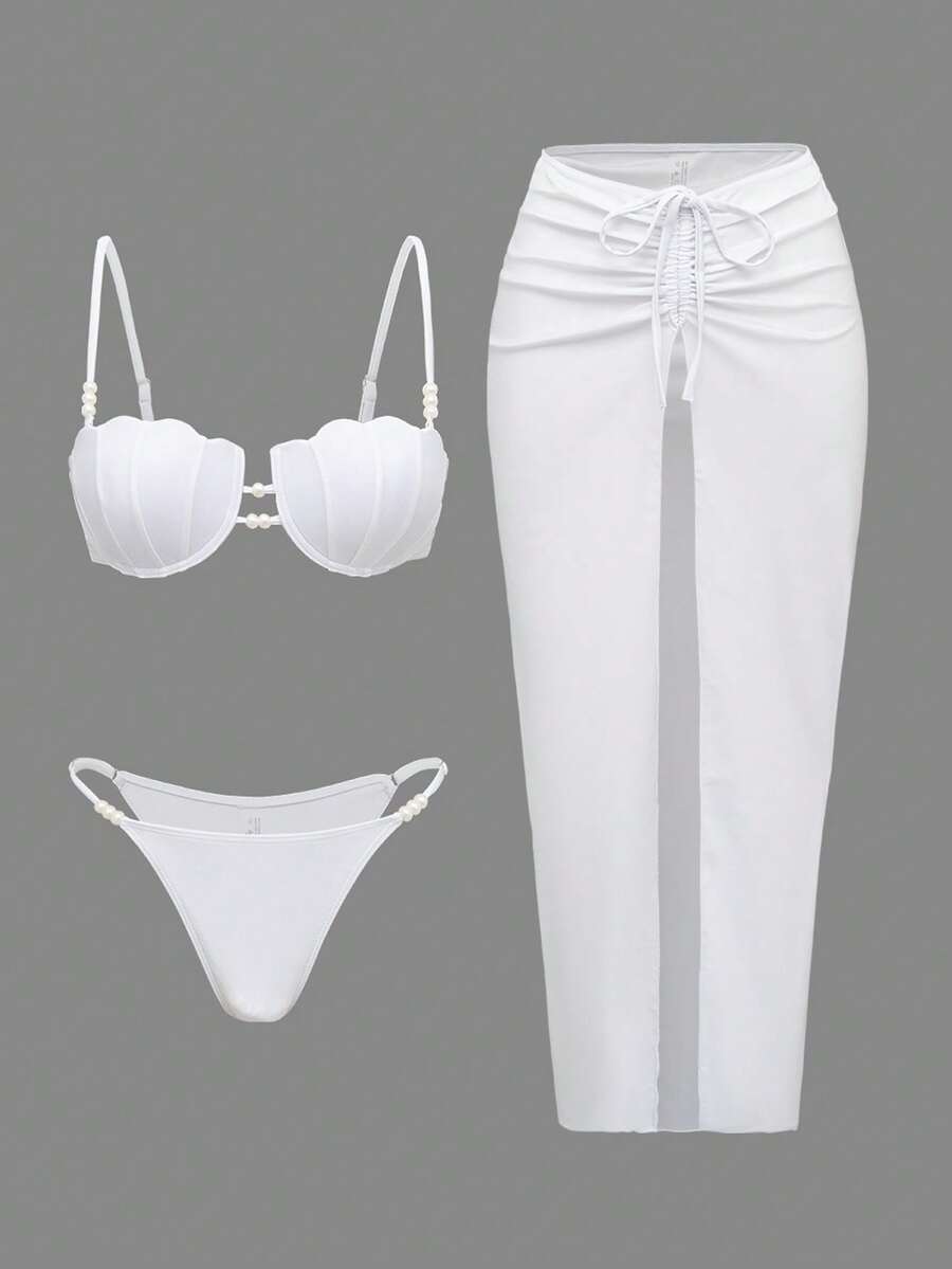 Swim Oasis 3pcs/Set Summer Vacation Sexy Pearl Shell Bikini Set With Spaghetti Straps & Front/Middle Slit Drawstring Maxi Dress - White - View 1