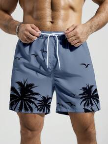 Manfinity Swimmode Men's Graphic Print Slant Pocket Drawstring Waist Beach Shorts - Blue - View 5