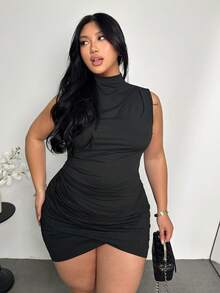 Firerie Plus Size Elegant Minimalist Sleeveless Turtleneck Ruched Bodycon Dress, Versatile For Daily Wear, Spring/Summer High Neck Dress Sleeveless Dress Black Bodycon Dress Ruched Dress - Black - View 6