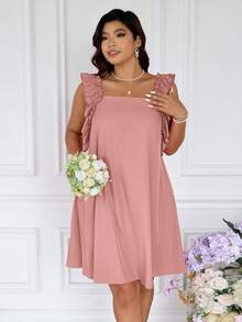 SHEIN Frenchy Plus Size Summer Elegant Ruffle Patchwork Women Dress, Suitable For Beach Vacation, Wedding Season, Date, Dresses, Spring Clothing - Dusty Pink - View 5
