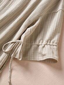 Rusticease 女士夏季休闲提花条纹复古衬衫，新年宽松版型，浅卡其色袖口带抽绳，优雅女士衬衫，休闲上衣，适合度假穿着，春季夏季外出穿着，短袖夏季上衣 - 淺灰色 - 查看 5