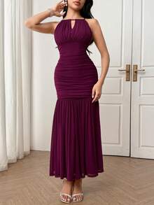 Modelyn 女士优雅纯色褶皱无袖连衣裙 - 中紫紅色 - 查看 6