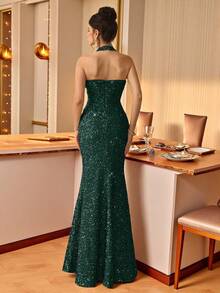 Coutiva 优雅亮片装饰长袖连衣裙，高端宴会正式礼服 - 墨綠色 - 查看 2