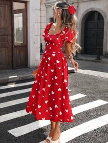 Pariaura Đầm dài tay ngắn xếp ly tối giản thanh lịch dành cho nữ cỡ lớn với họa tiết trái tim, thích hợp cho mùa xuân. - Đỏ - Xem 3