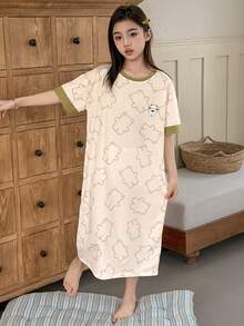 Dazy Kids Tween Girls Bear Print Crew Neck Knit Short Sleeve Nightgown Loungewear Spring - Apricot - View 4