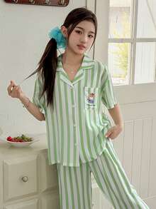 DAZY 夏季女童舒适条纹小熊印花短袖衬衫和裤子睡衣套装 - 綠色 - 查看 1