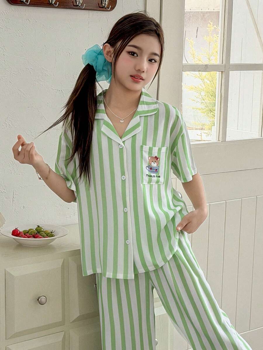 DAZY 夏季女童舒适条纹小熊印花短袖衬衫和裤子睡衣套装 - 綠色 - 查看 1