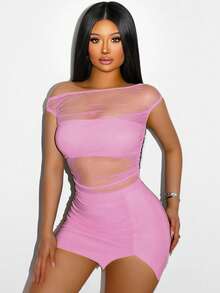 Sirith 女士纯色网纱拼接不对称肩部上衣和侧开衩修身迷你裙性感时尚两件套 - 粉色 - 查看 4