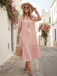 Faunlyn Women's Notched Neck Ruffle Hem Short Sleeve Dress Summer Dresses For Women,Sun Dresses For Women - Pink - View 5