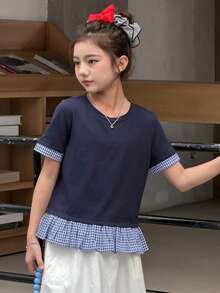 DAZY Tween Girls Crew Neck Colorblock Striped Short Sleeve T-Shirt Summer - Royal Blue - View 9
