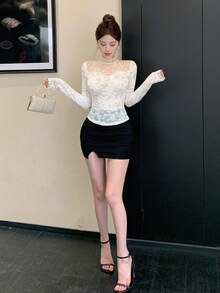 DAZY Women's Fuzzy Lace Patchwork Long Sleeve T-Shirt, Suitable For Autumn/Winter, Party, Back To School Spring - Beige - View 5