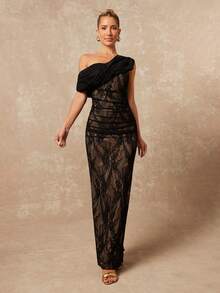 Lumalex 2025新款夏季海滩度假复活节波西米亚风沙滩户外婚礼季派对成人仪式返校派对优雅安哥拉红色网纱单肩褶皱装饰修身包臀长裙女装 - 黑色 - 查看 9