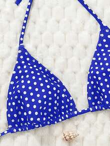 Swim Mod Women's Blue Base White Dot Print New Sexy Halter Low Waist Triangle Bikini Set, Summer - Blue - View 3